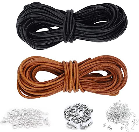 VEGCOO Cordon en Cuir Véritable de 10m de Long et 2 mm Couleur Noir et Naturel 5 m, et 150 Pcs de Fermoirs Colliers pour la Confection de Colliers et Bracelets.