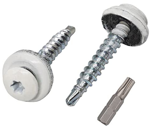 Confezione da 250 viti Torx per coperture metalliche, 4,8 x 35 mm, verniciate con rondelle EPDM, viti per lamiera (250, bianco puro RAL 9010)