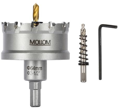 Mollom (64mm | 2-1/2) Scie cloche en carbure pour usage intensif avec 2 forets pilotes, coupe l'acier inoxydable, l'acier doux, le fer, le cuivre, le laiton et le plastique