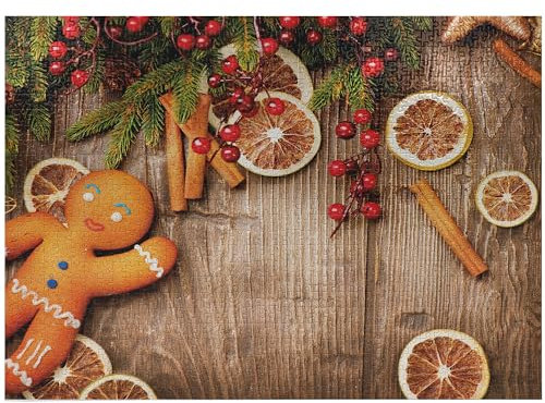 ABAKUHAUS Gingerbread Man Jigsaw Puzzle, Rustic Composition with Holly Berry Orange Slice Cinnamon and Biscuit, Heirloom-Quality Fun Activity for Family Durable Cardboard, 1000 pcs, Brown Orange Red