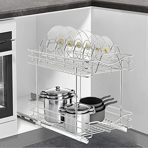 FULGENTE Ausziehbarer Schrank-Organizer für Töpfe und Pfannen, 27,9 cm B x 45,7 cm T, 2 Etagen, Drahtkorb für Deckel, Kochgeschirr, Schublade, herausziehbar, Küchenschrank, Organisation, Regale für