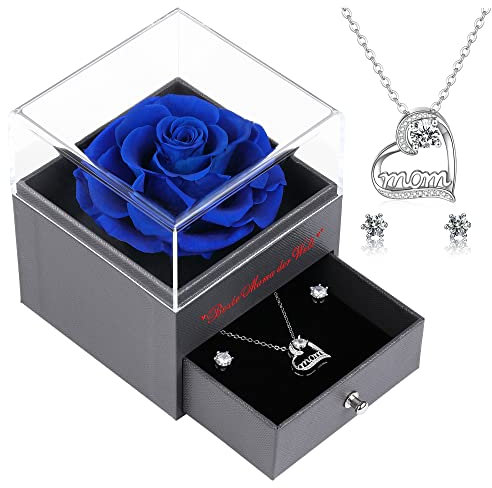 Veroola Konservierte Echte Rose mit Mom Halskette und Ohrringe, Beste Mama der Welt Ewige Rose Blumen Geschenke für Mama, Weihnachten Muttertag Valentinstag Geburtstag Mom Geschenke.DunkelBlau