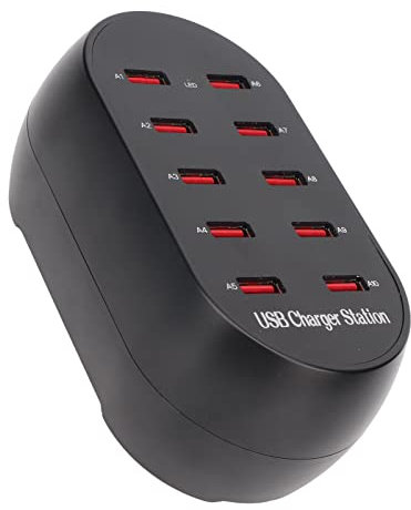 Stazione di Ricarica USB a 10 Porte da 50 W, Caricatore Rapido USB Desktop Domestico, Caricabatterie da Tavolo con Hub USB Multiplo per Computer Portatile Tablet Smartphone