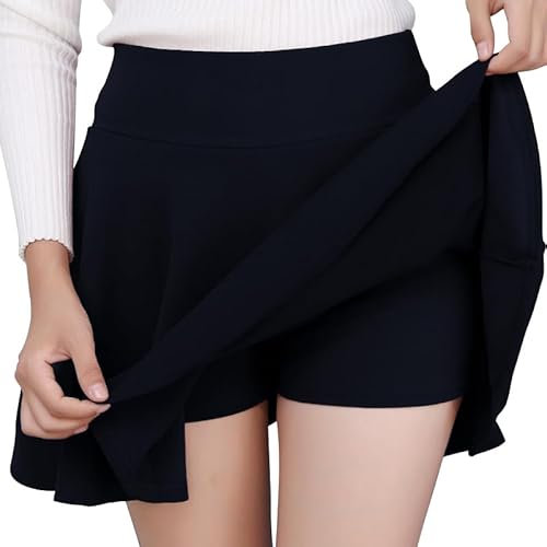 DJT Damen Mädchen Basic Solid Dehnbaren Informell Mini Skater Rock mit Shorts Marine XXL