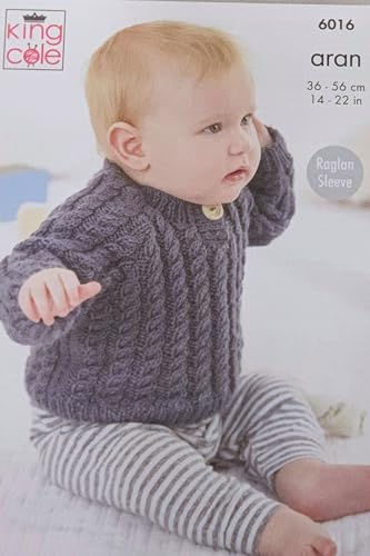 King Cole Baby Aran Knitting Pattern V or Round Neck Cardigan & Sweater (6016) 14/in - 22/in