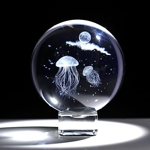 Movdyka Méduse 3D en verre avec étoiles - 6 cm - Boule de cristal gravée - Méduse en verre - Cadeau pour les amoureux des animaux - Ornements de collection