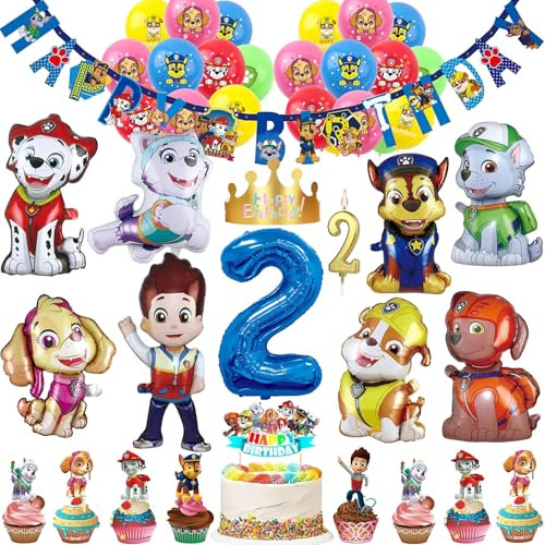 57 Stück 2. Geburtstagsdeko Geburtstag Deko 2 Jahre Jungen Mädchen Party Deko Set Happy Birthday Banner, 9 Großer Folienballons, 20 Latex Ballons, Tortendeko, Kerzen, Geburtstags Mützen (Zahl 2)