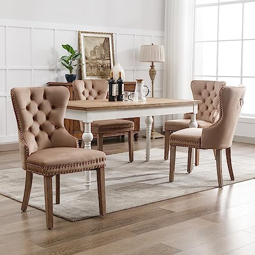 Merax Esszimmerstuhl 4er Set, Moderne Polsterstuhl mit hoher Rückenlehne und Nagelkopfbesatz, bequemer Wohnzimmerstuhl aus Samt, für Arbeitszimmer, Küche, Schlafzimmer, Eichenbeinen, Graubraun