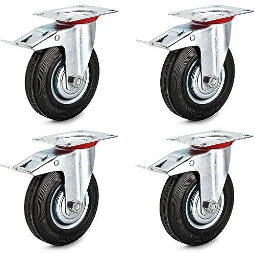 HD BRICO Set di 4 Ruote per carichi pesanti 125 mm(4 con freno) pivontanti per mobili 4 Ruote Carico 400 kg - Ruote girevoli per uso interno ed esterno - Rotelle girevoli con freno