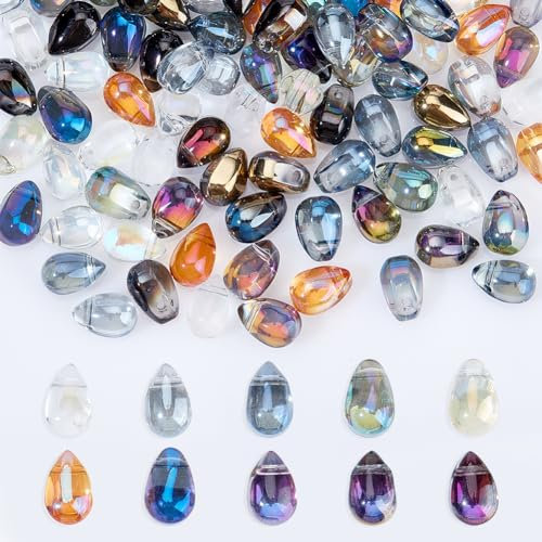 AHANDMAKER 120 colgantes de cristal en forma de lágrima, cuentas de lágrima perforadas en la parte superior, 10 colores para hacer collares, pulseras, aretes, joyas (0.3 x 0.2 x 0.25 pulgadas)