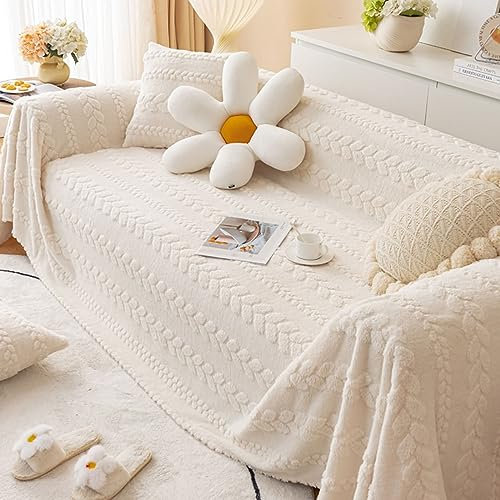 Mesnt Sofabezug Recamiere, Chenille Wohndecke als Sofadecke, Couch Überwürf, Sofa Überzug Einfarbiger Plüsch mit Blattrankenmuster Cremeweiß, 180x180CM