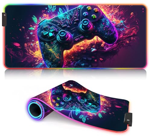 BUBELS Tapis Souris Jeu RGB avec 7 Couleurs LED, 14 Modes d'éclairage et Surface en Tissu imperméable, pour PC, Ordinateur Portable, Clavier Jeu, Art néon 30 x 80 cm