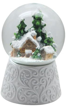Edle Schneekugel Hüttenzauber mit weißem Kunststein-Sockel Winter Berghütte Winterwald Spieluhr 10cm Durchmesser * 20148