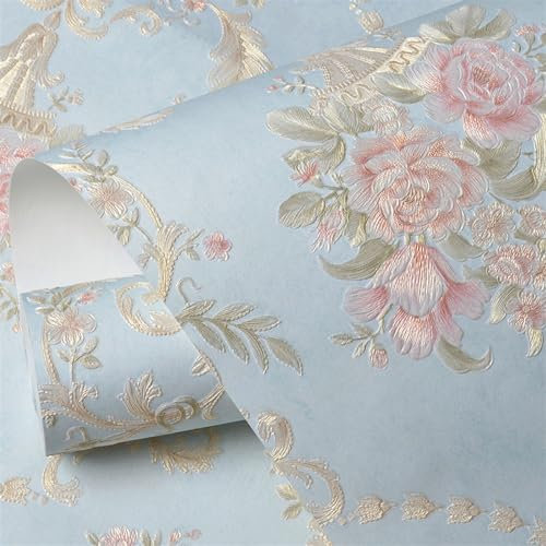 GIBZ Papier Peint Adhesif 3D Vintage Floral Décoration Murale Autocollante Rustique Coloré pour Chambre Mural Meuble Armoire Bleu 0.53x5m