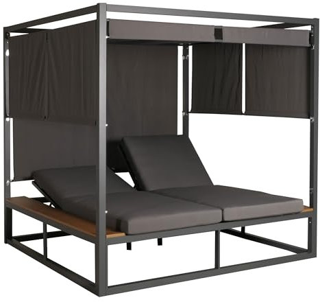 Mendler Aluminium Lounge-Gartenliege HWC-M63, Sonnenliege Bali-Liege Doppelliege Outdoor-Bett Daybed, 10cm-Polster - dunkelgrau