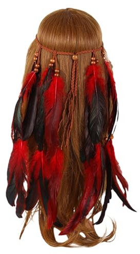 Frauen Bohemian Haarschmuck Feder Quasten Stirnband Haarband mit Federn, indianisch Hippie Boho Festival Party Feder Haarband Kopfschmuck Accessoires Karneval Kostüm, für (Red, One Size)