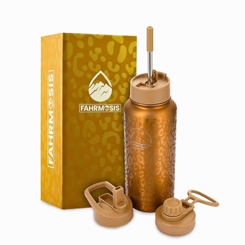FAHRMOSIS 32 Oz Water Bottle with Straw Stainless Steel Sports Water Bottle with 3 Lids (Straw, Chug & Flip Lid) 1 Liter Leak Proof Insulated Metal Jug for Men & Women - Gold Leopard