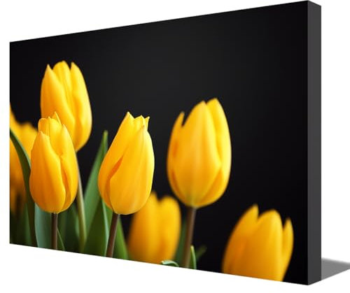 ZQQART Leinwandbild mit Tulpenblumen elegante Tulpen Blumenbilder rustikale Pflanzenfelder Landschaftsgemälde für Wohnzimmer Küche Bad Büro Zuhause Wanddekoration gerahmt (Gelbe Tulpe,30x45cm)