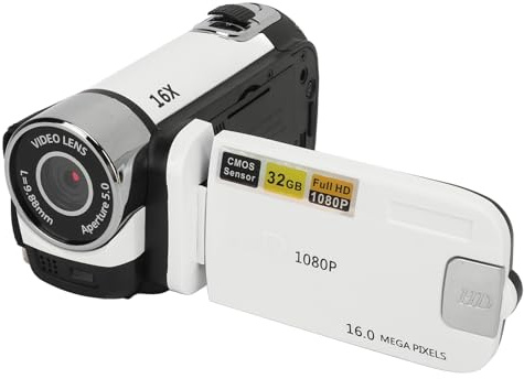 Video Camera Camcorder, Portable 1080P HD Vlogging Camera,2.4in Rotatable Screen Camcorder with Fill Light for Travel Recording (White)
