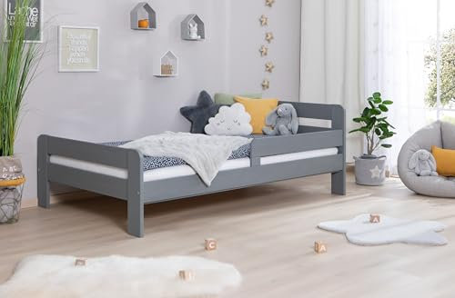 TiCAA Einzelbett Kinderbett Jugendbett, Bennet mit Rausfallschutz & Lattenrost für Schlafzimmer, Kinderzimmer Kiefer Massivholz Bettgestell 90/120 x 200 cm