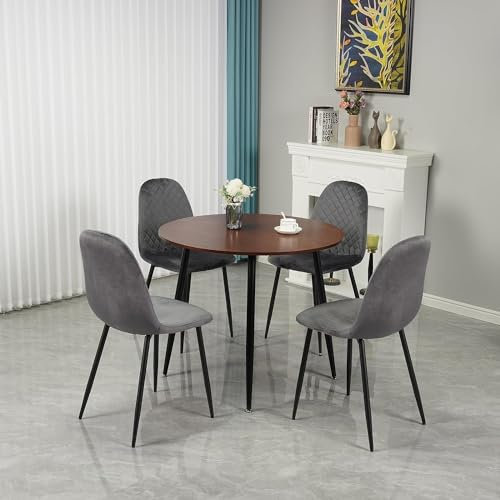 Runder Esstisch und Stühle Set 4, Moderner runder Nussbaum 80cm Küchentisch und samtgepolsterte Stühle 4, Stabile Metallbeine, für Home Office Esszimmer Wohnzimmer (grau)