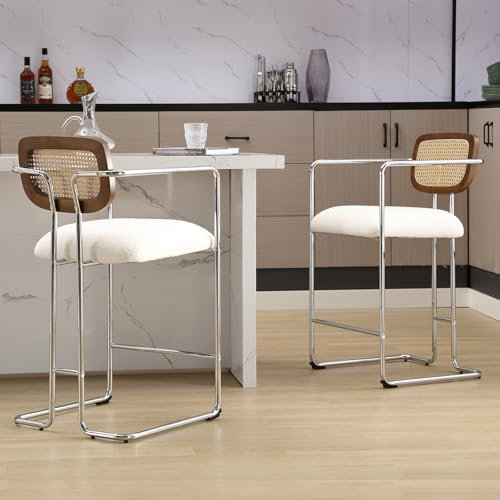 chairus Taburetes de Bar de Lana Sintética Juego 2 de Sillas Altas de Cocina con Respaldo Madera, Taburetes Desayuno Bar con Patas de Metal Sillas Barra Tapizadas para Isla de Cocina/Bistró, Blanco