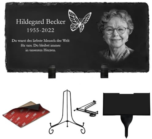ETERNEL - Plaque Funéraire Personnalisée Multisupports Papillon - à Planter, à Coller ou à Poser, Ardoise ou Granit, Photo et Texte au Choix, Plaque Cimetière, Mortuaire, Sépulture, Défunt, Hommage