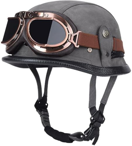 RCGNR Halbschalenhelm ECE Zertifiziert, Jethelm Retro, Vintage Motorrad Helm, Scooter-Helm, Offenem Helm, mit Brille Halbhelm für Männer Frauen,Grau,M