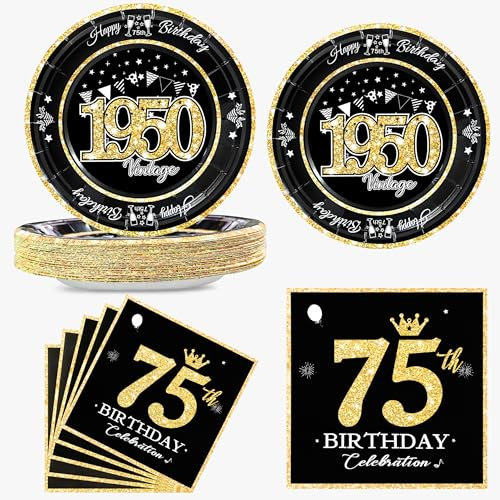 algpty 60 PCS Vintage 75th Birthday Plates and Napkins Set, Black and Gold, Service for 30, 1950 Birthday Dessert Plates and Napkins Party Supplies