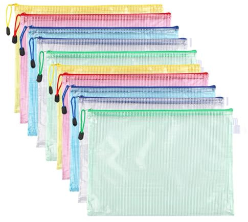 KOOSREEL Dokumententasche mit Reißverschluss, A4, 5 Farben, PVC, transparent, Dokumententasche, Reißverschluss, Netzstoff, für Reisen, für Büro, Reise, Zubehör (10 Stück)