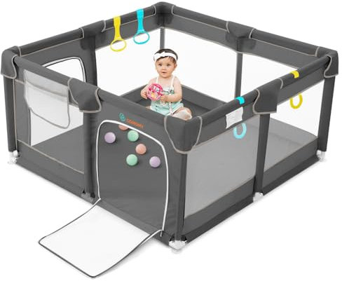 COMOMY Laufstall Baby, 127x127 cm Laufgitter Baby Sicherheitsspielplatz Schutzgitter für Kinder mit Weichem Netz, Rutschfestem Oxford Bottom (Grau)