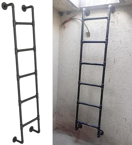 Basement Window Well Egress Ladder, Emergency Fire Climbing Ladders 8 Rung, Black Metal Step Ladders for Loft Outside Deck Apartments, 45 55 65 70 Inch(270cm/106in)