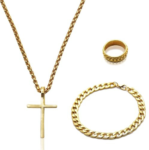 SHENSAIGO Kreuz Kette Gold, Edelstahl Kette mit Kreuz Anhänger, Kreuzkette Gold mit Ringe und Armbänder, Vergoldet Kreuz Kette Herren Damen für Weihnachten Erntedankfest Geburtstag