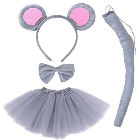 ZKFSIE 4PCS Mouse Costume Kids Minnie Mouse Costume, Animal Costume Set Ears Headband Tail Animal Tutu Skirt Dress Up Set, Kids Halloween Carnival Birthday Party Costume Accessories