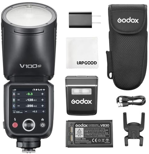 Godox V100-N 100W TTL Flash d'Appareil Photo pour Nikon,2.4G sans Fil Flash d'Appareil Photo à Tête Ronde avec Flash Externe SU-1,HSS 1/8000s 2980mAh,Godox V1Pro N Mis à Niveau Flash