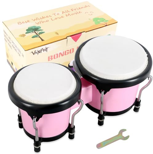 VANPHY Bongo-Trommel, 10,2 cm und 12,7 cm, Set für Kinder, Erwachsene, Anfänger, Percussion, Bongos, Trommel mit Stimmschlüssel, Rosa