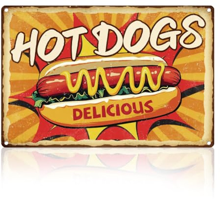 DOODLREAM Hotdog Küchenschild Blechschilder 30 x 20 cm Wanddekoration Fast Food Leckeres Restaurant Metallblechschild Vintage Poster für Zuhause Esszimmer Café Brotladen Wanddekoration Geschenk