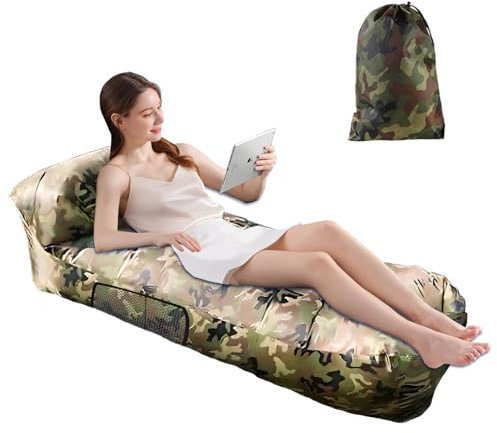 FainFun Inflatable Beach Sofa, 230 * 70cm Couch Sofa Aufblasbar Outdoor Camping, Luftsofa, Mit Kissen und Seitentaschen, Kopfkissen (Oxford-Stoff 210D, Armee Grün Tarnfarbe)