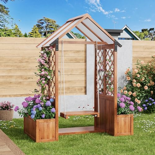 Dolamaní Blumenkasten 163x142x70 cm mit 2 Rankgitter & Dachregal, Pflanzgefäß mit Spalier als Rankhilfe, Hausform Holz Pflanzenregal (Braun D)