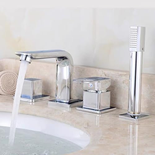 BiaoTeng Mitigeur de Baignoire avec Douchette 4 Trous Laiton Chaud et Froid Robinet de Baignoire avec Douche Noir