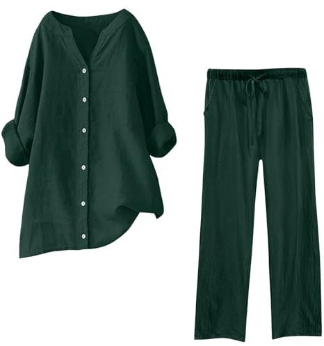 Todays Offers Special Deals Plue Size Cotton Linen Set Women Two Piece Outfits Ladies Tracksuit SuitsTravel Outfit Airport Sets Button Up Long Sleeve and Straight Leg Trouser Drawstring Work Wear