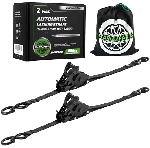 StarLeaparts Automatik Spanngurt with S Haken, Automatischer Ratschengurt | 25mm X 3,6m, 800KG, TÜV Zertifiziert, 2 Stück Automatik Ratschengurt, Einziehbare Zurrgurt für Motorrad, Kajak, LKW, Schwarz