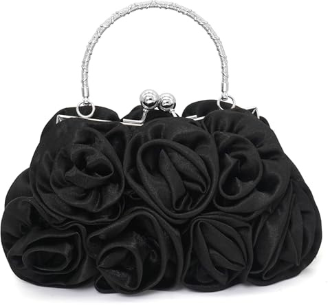 Initlove Pochette da donna in raso con fiore rosa, da sera, da ballo, borsa da sposa per matrimonio, Nero