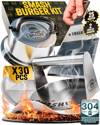 SMASHI® Kit Smash Burger Acero Inoxidable 304 – Smasher, Espátula Smash, Tapa Smash, Prensa Hamburguesas y Papeles Antiadherentes | Set Profesional para Cocina, BBQ y Restaurante (Experto)