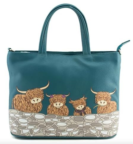 Bella Highland Cow Leather Family Love Multiway Grab Bag In Teal Green