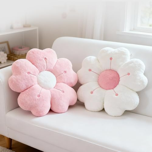 Wxeadu 2Pcs Blumenkissen, 35cm Blumen Kissen, Weich Kissen Blumenform, Flauschig Blumenbodenkissen, Gänseblümchen Blumen Bodenkissen für Room Decor, Sofa, Couch, Bett (Weiß + Rosa)
