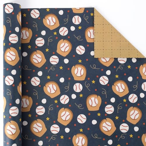 BIOBROWN Presentpapper i kraftpapper med basebollmönster 43 cm x 10 m | Baseballhandske och kraftpapperboll för barn, födelsedag, fars dag och sportfester