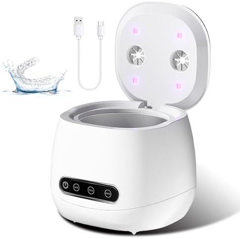 Ultraschallreinigungsgerät 45000Hz, 200ML Ultraschallreiniger für Zahnspangen, Mundschutz-Reiniger mit UV Lampe, Ultrasonic Cleaner für Zahnersatz, Retainer, Aligner, Schmuck