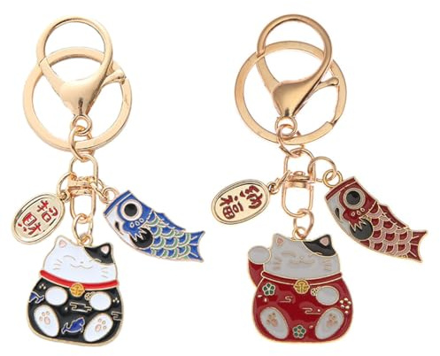 SAFIGLE Lot de 2 Porte-clés Chat, Petit Pendentif Chat Japonais, Anneau - pour, Voiture, Cartable.