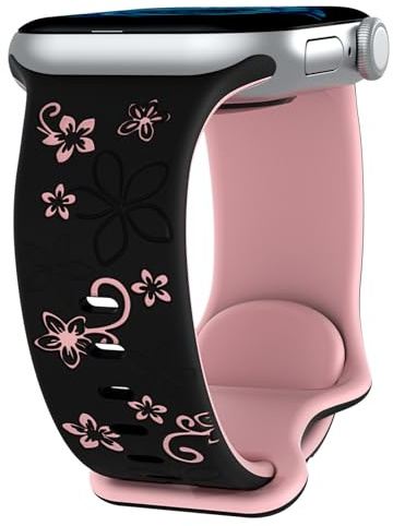 Rainway Mastten Floral Strap Compatible with Apple Watch Straps 38mm 40mm 42mm 44mm 45mm 46mm 49mm for Women,Cute Flower Engraved Silicone Sport Band for iWatch Series 11 10 9 8 7 6 5 4 3 2 1 SE Ultra